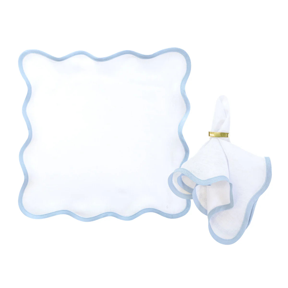 Linen Scalloped Square, Lily White and Cornflower Blue Trim