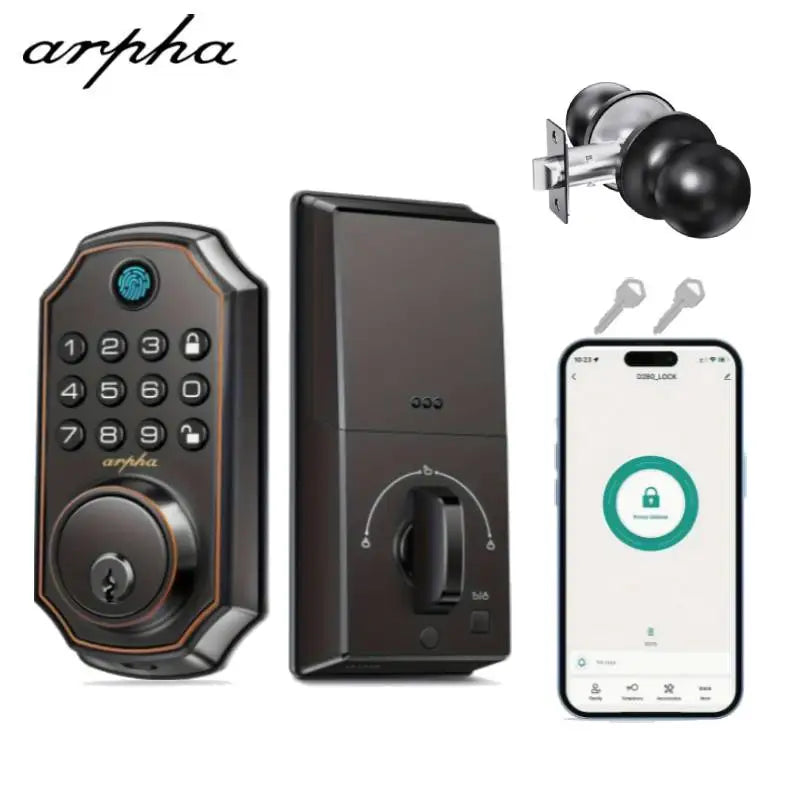 Arpha Smart Door Lock Bluetooth Door Lock 5-in-1 Keyless Entry Lock Fingerprint Electronic Deadbolt w/ Handle Set Home Security