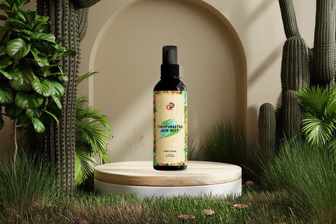 image features a product called "THEOPHRASTUS HAIR MIST" by Beauty Bliss, placed on a wooden podium against a backdrop of lush greenery including cacti and other plants, which suggests a natural and botanical theme.