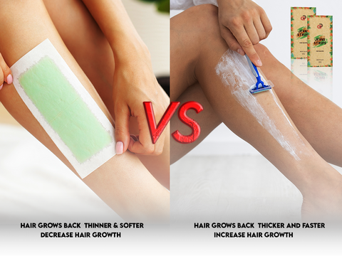 Waxing vs. Shaving comparison, highlighting thinner hair regrowth with wax strips versus thicker with shaving.