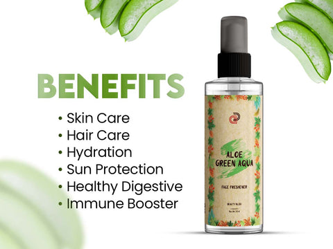 Aloe Green Aqua spray listing benefits for skin, hair, and health