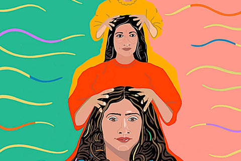 two women against a pastel background with abstract wavy lines. The foreground shows a woman with long, wavy hair, receiving a scalp massage from another woman, whose hands are placed gently on her head. The illustration uses a bright color palette, with the women clad in orange and yellow, evoking a sense of vitality and the nurturing essence of using hair oil for healthy hair.
