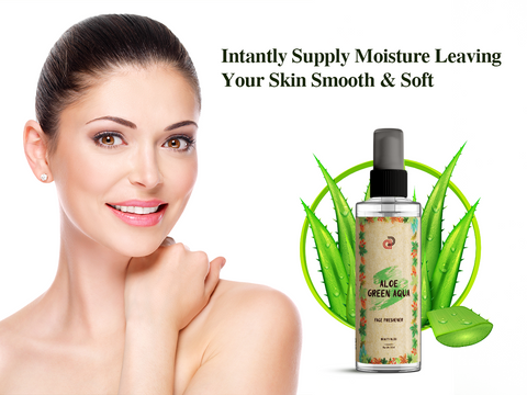 Radiant woman with Aloe Vera Green Aqua face freshener for hydrated skin.