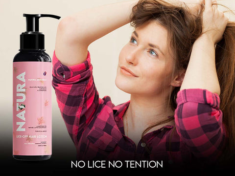 Woman confidently using anti-lice hair lotion for lice-free, stress-free hair care