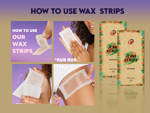 Instructions on using wax strips for hair removal, with visuals of steps and JEANS STRIPS product