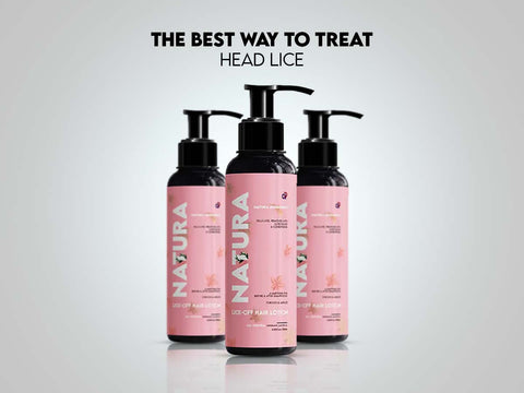 Three bottles of Natura anti-lice lotion displayed as an effective head lice treatment option