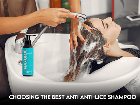 Person getting hair washed with Natura anti-lice shampoo for lice removal.