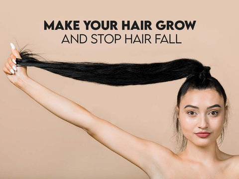 Woman with long hair promoting hair oil to reduce hair fall