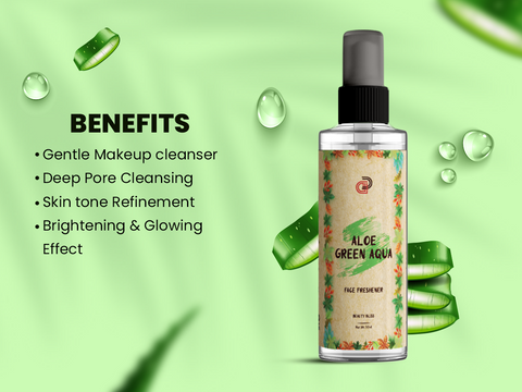 Aloe Green Aqua face freshener with benefits listed: gentle makeup cleansing, deep pore cleansing, skin tone refinement, brightening effect