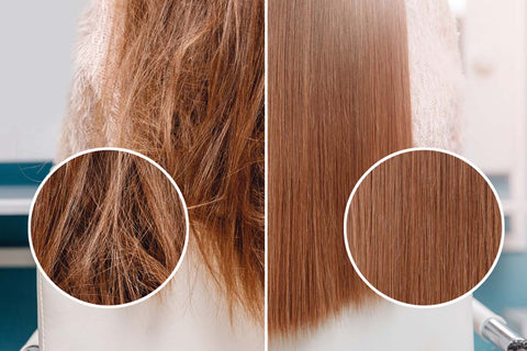 A before and after comparison image showing the effects of hair oil on hair condition. On the left, hair appears dry and frizzy with a close-up circle highlighting the damaged texture. On the right, the hair looks smooth and shiny, with a close-up circle showing the healthy, sleek strands, indicating the nourishing impact of using hair oil.