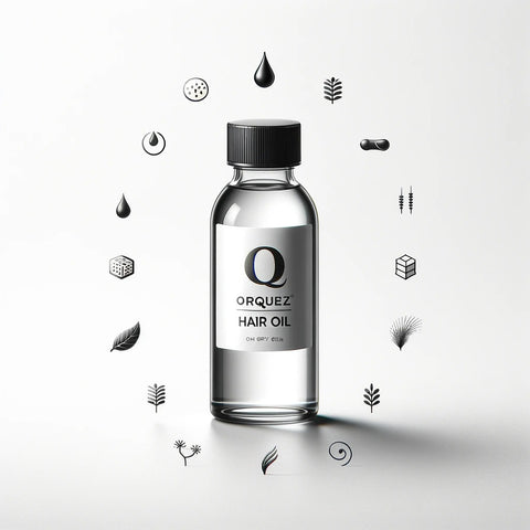 A minimalist and modern design featuring a clear bottle of Orquez Hair Oil, surrounded by icons representing natural ingredients and the benefits of the oil for different hair types.
