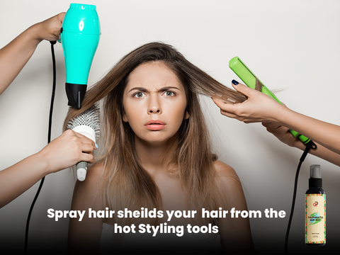 A perplexed woman with long brown hair is surrounded by hands using various styling tools on her hair: a teal hairdryer, a round brush, and a green flat iron. A bottle of hair spray labeled "THEOPHRASTUS HAIR MIST" is also shown, accompanied by the text "Spray hair shields your hair from the hot Styling tools," emphasizing the product's protective qualities against heat damage.