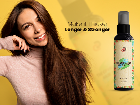 woman with long, flowing brown hair is positioned against a yellow backdrop. Beside her is a product called "THEOPHRASTUS HAIR MIST" in a spray bottle