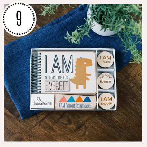 personalized affirmation book with wooden pocket reminders and storage bag.