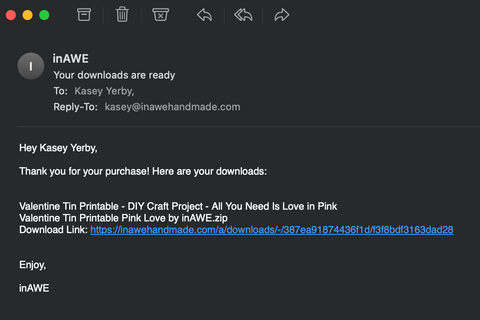 Screenshot of email received from inAWE Handmade with link to download purchase
