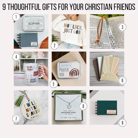 gift guide for Christian friends reference sheet with grid photos