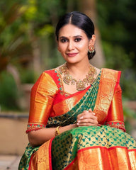 Green Saree with orange blouse