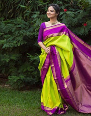 Neon Green Saree with purple blouse