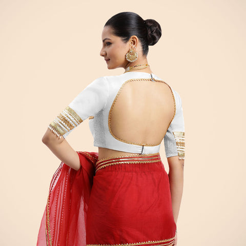 Farheen x Tyohaar | Pearl White Embellished Elbow Sleeves FlexiFit™ Saree Blouse with Zero Neck with Back Cut-Out and Gota Embellishment_2
