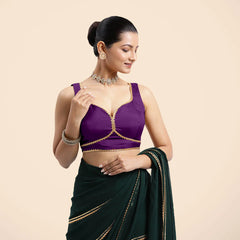 Ishika x Tyohaar | Purple Sleeveless FlexiFit™ Saree Blouse with Beetle Leaf Neckline with Gota Lace and Back Cut-out with Tie-Up