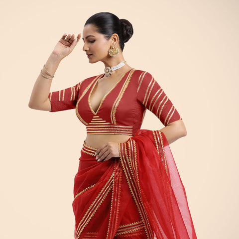 Navya x Tyohaar | Crimson Red Elbow Sleeves FlexiFit™ Saree Blouse with Plunging V Neckline with Tasteful Gota Lace_2