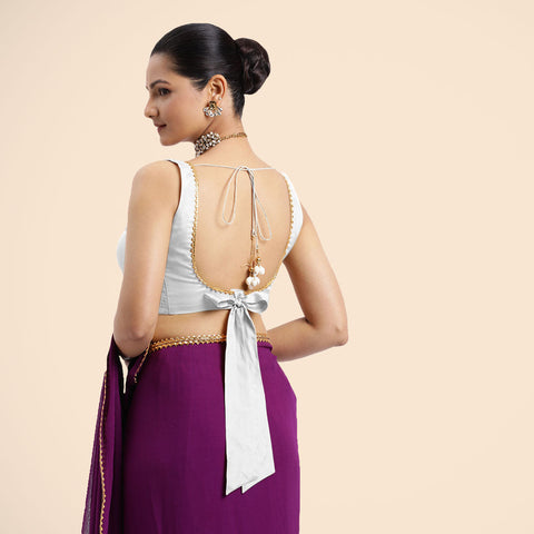 Raisa x Tyohaar | Pearl White Sleeveless FlexiFit™ Saree Blouse with V Neckline with Gota Lace Embellishment and Back Cut-out with Tie-Up_2