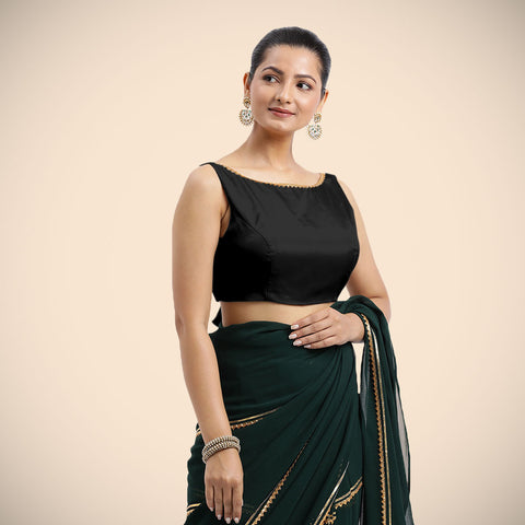 Sherry x Tyohaar | Charcoal Black Sleeveless FlexiFit™ Saree Blouse with Simple Gota Lace on Neckline and Removable Bow on Back_2