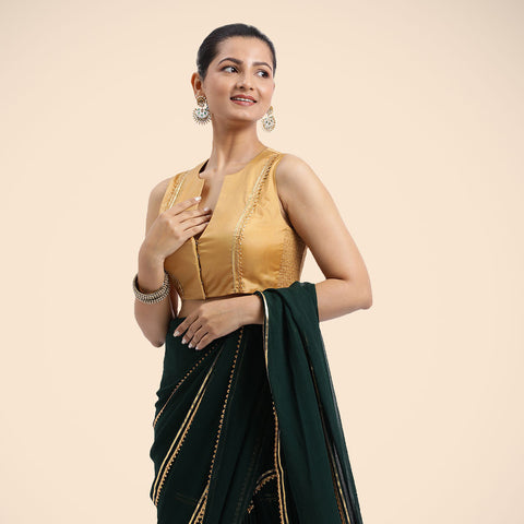 Veena x Tyohaar | Gold Sleeveless FlexiFit™ Saree Blouse with Front Open Closed Neckline with Slit and Gota Lace_2