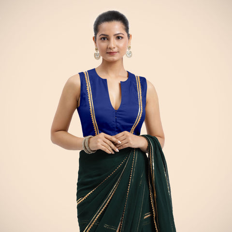 Veena x Tyohaar | Cobalt Blue Sleeveless FlexiFit™ Saree Blouse with Front Open Closed Neckline with Slit and Gota Lace_2
