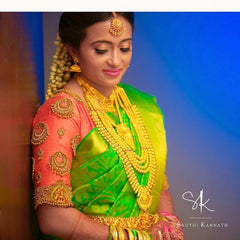 Green Saree with Orange Blouse - Pinterest2