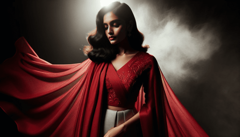 red blouse with cape
