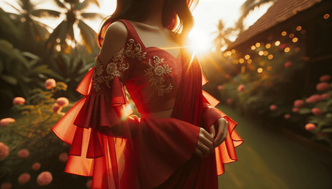 red saree blouse with bell sleeves