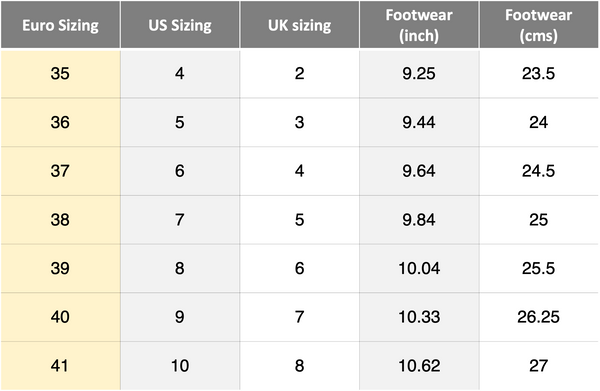 Sizing chart from Around Always for bridal and occasion footwear