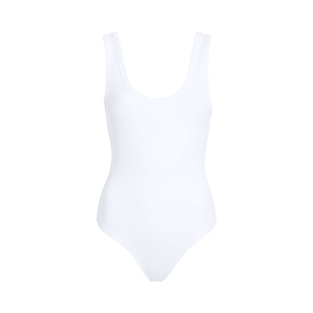 Women's Ribbed Scoop Tank Bodysuit | White - nuuds