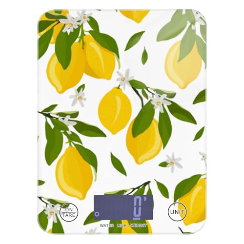QwThum Food Scale Kitchen Digital Scale Food Ounces and Grams Dieting Baking Cooking Waterproof Glass Panels LCD Display,4 Units Scale Tare Function Lemon and Flower