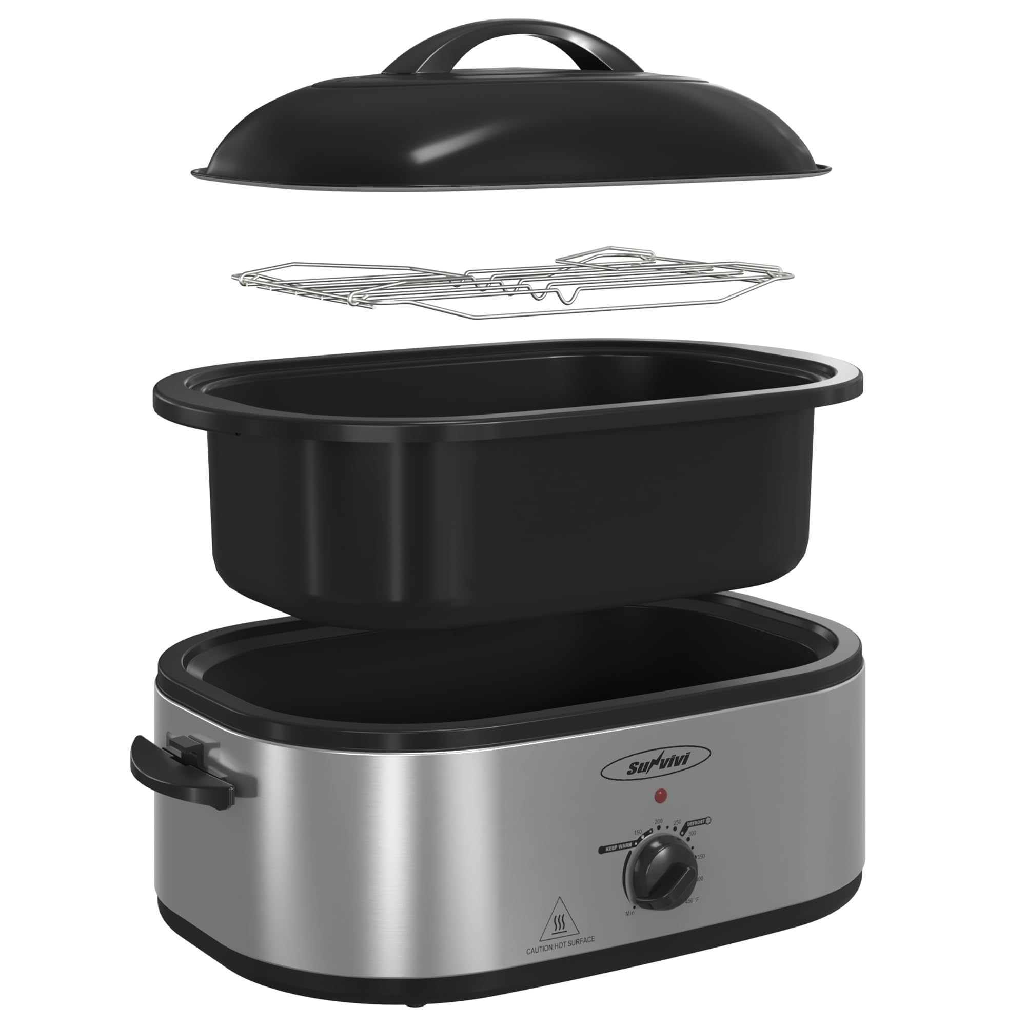 Sunvivi 18-Quart Roaster Oven with Self-Basting Lid, Electric Turkey Roaster Oven with Removable Pan and Rack, Stainless Steel, Sliver