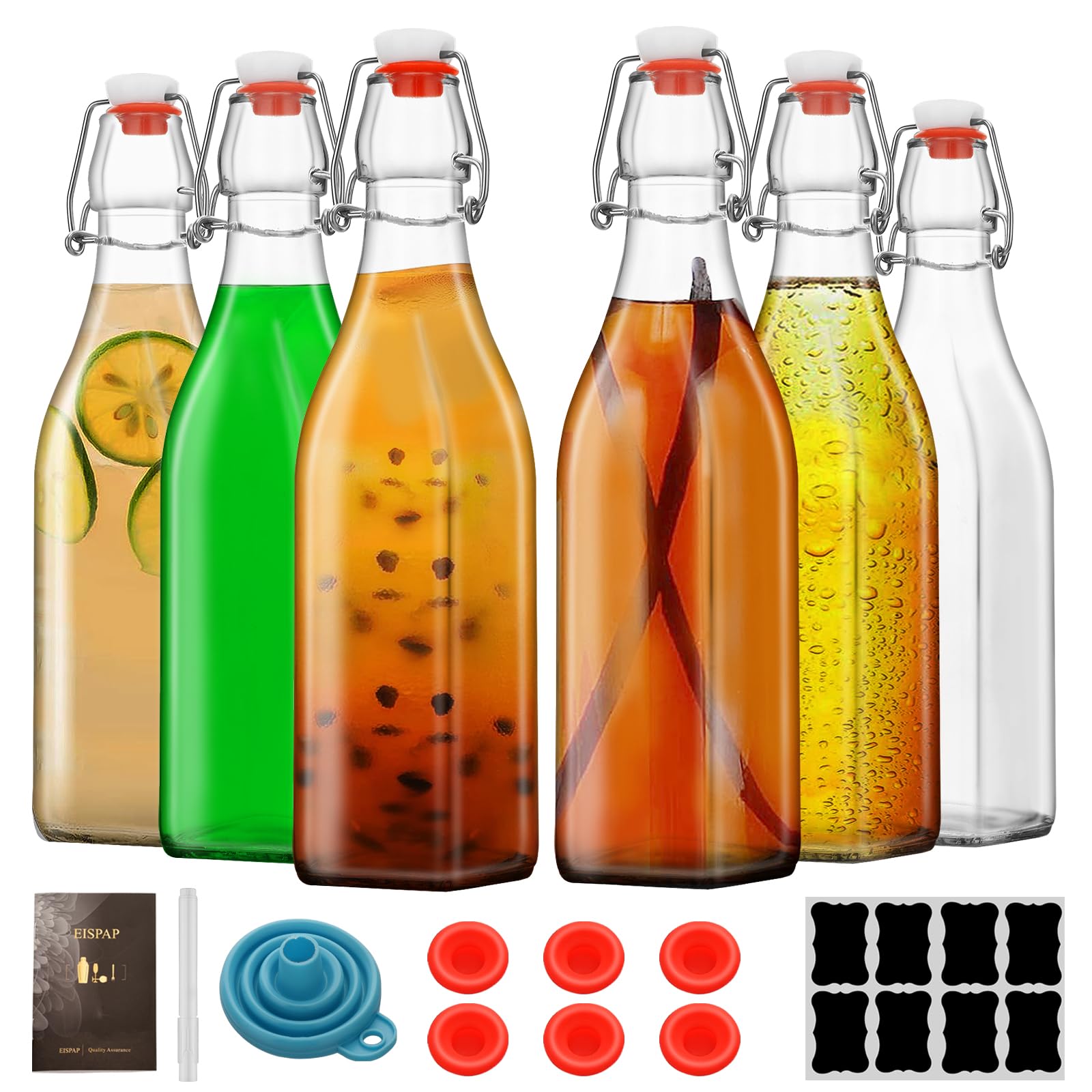 eispap 6 Pack 16oz Square Swing Top Glass Bottles, 500ML Bottles with Airtight Stoppers for Kombucha, Kefir, Vanilla Extract, Beer(Bonus Gaskets, Labels and Funnel)