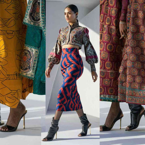 A modern look with a high-waisted skirt and heels complemented by a stunning Paithani blouse.