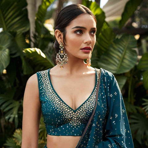A detailed image of a Paithani blouse embellished with sparkling sequins scattered along the neckline.