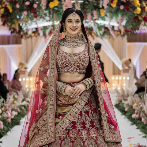A bride looking regal in a lehenga saree with a heavily embellished Paithani blouse.