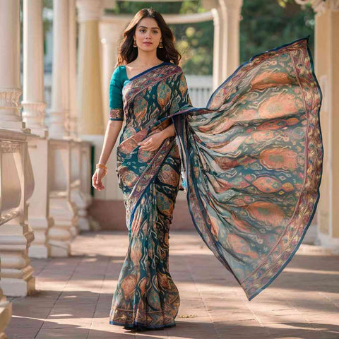 A South Asian woman gracefully walking in a saree, the elbow sleeves of her Paithani blouse gently flowing in the breeze.