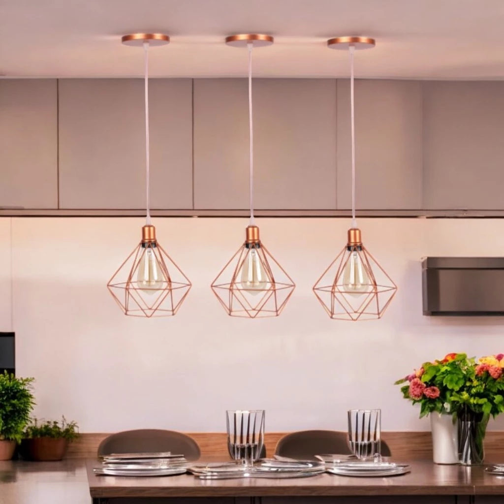 Luminária Pendente Aramado Diamante – Kit com 3 Unidades | Design Retrô Moderno