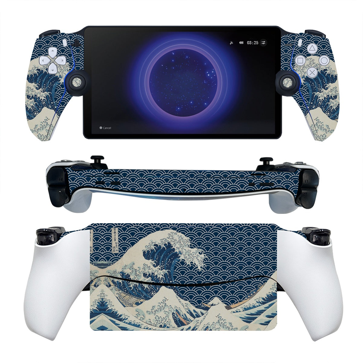 A visually stunning PlayStation Portal Protector Skin titled 'Great Wave,' drawing inspiration from the famous Japanese woodblock print. The skin showcases a turbulent sea with crashing waves, rendered in vibrant shades of blue and white. The intricate details capture the dynamic energy of the waves, creating a captivating design for protecting and customizing your PlayStation console. The Great Wave Skin adds a touch of artistry and style, transforming your gaming setup into a visually striking masterpiece