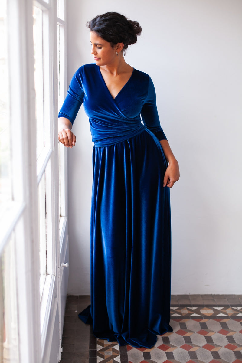 Vestido para invitada largo de azul con manga - Frida Velve – Mimetik