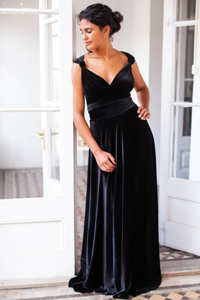Vestido largo invitada multiposición terciopelo negro – Mimetik
