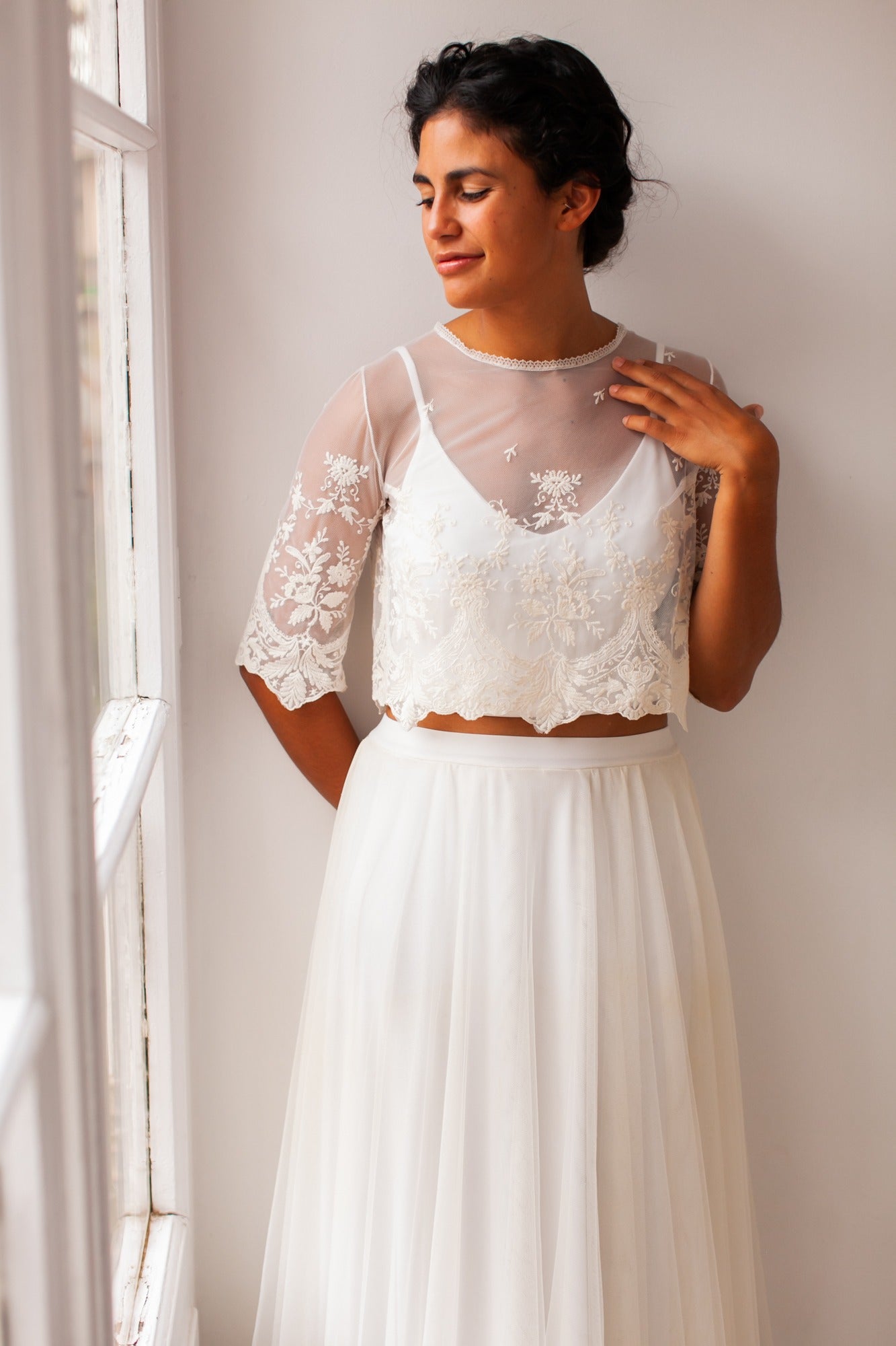 two-piece embroidered tulle wedding dress