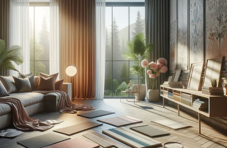 A tableau showing a variety of design samples—fabric, paint, flooring—laid out in a room with a landscape aspect ratio of 965px by 630px. The room is bathed in natural light, with potential to see the same samples under artificial evening light.