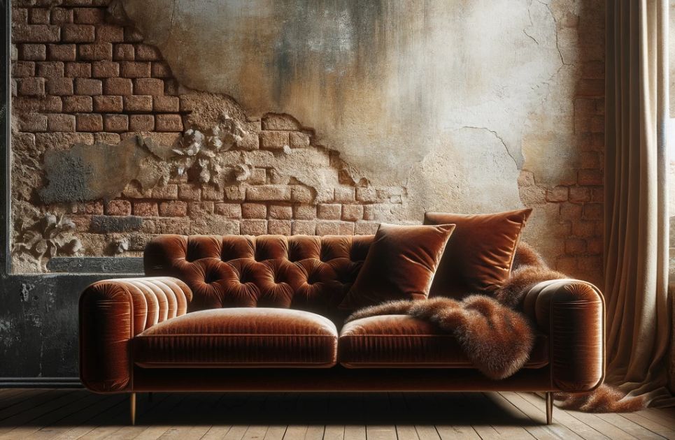 A velvet sofa against a rough-hewn brick wall