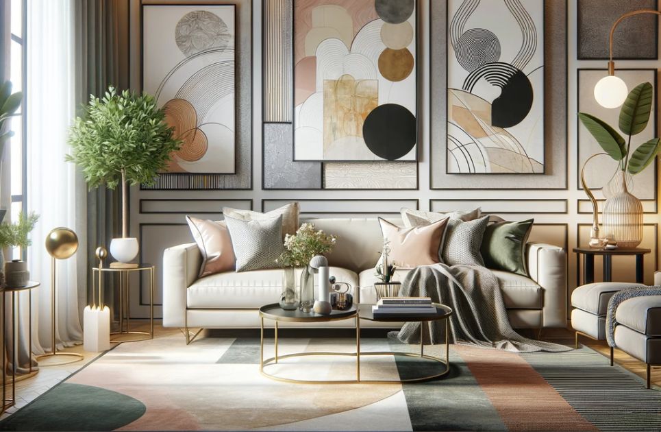 Illustration of a chic living room with a mix of ambient, task, and accent lighting, with the walls decorated with abstract modern wall art prints, emphasizing a modern and elegant interior design.