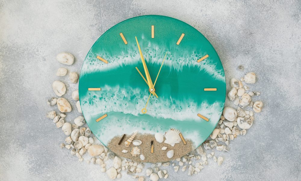 clock with sea background and shells